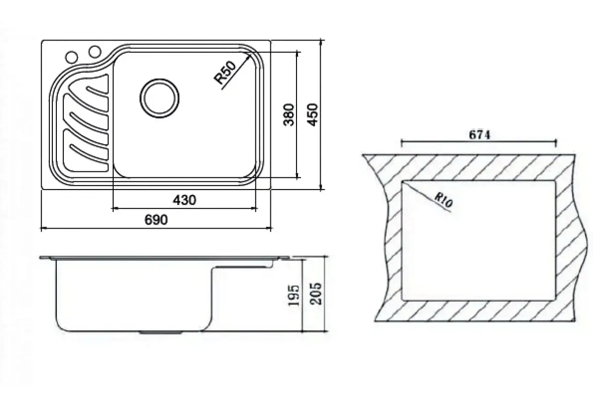 МОЙКА OULIN OL - 327R нержавеющая сталь 690 x 450 мм